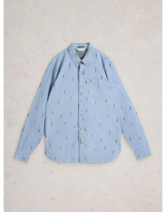 Young Ideas/Henmores - Finsbury Fishing Print Shirt - Chambray Blue - M