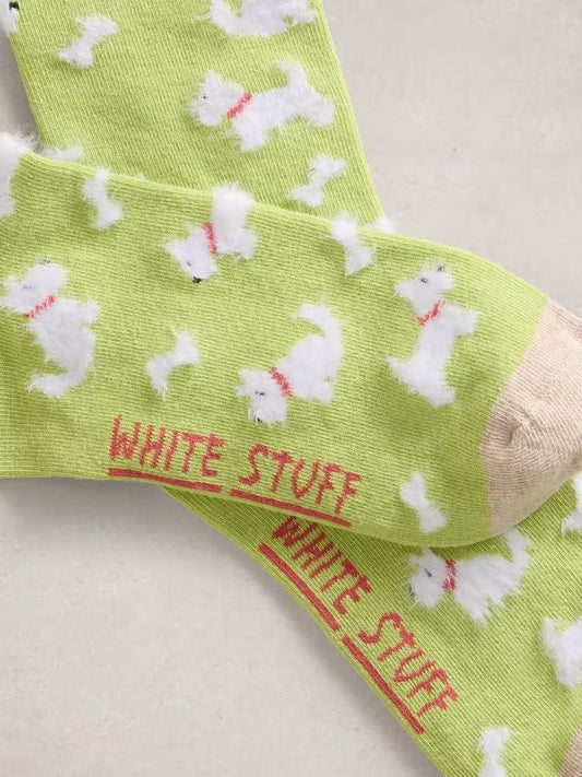 Young Ideas & Henmores - Fluffy Dog Ankle Socks - Mid Green - 46145