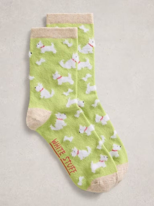 Young Ideas & Henmores - Fluffy Dog Ankle Socks - Mid Green - 46145