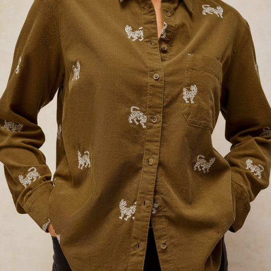 Young Ideas & Henmores -Libby Embroidered Cord Shirt -Khaki Green -8