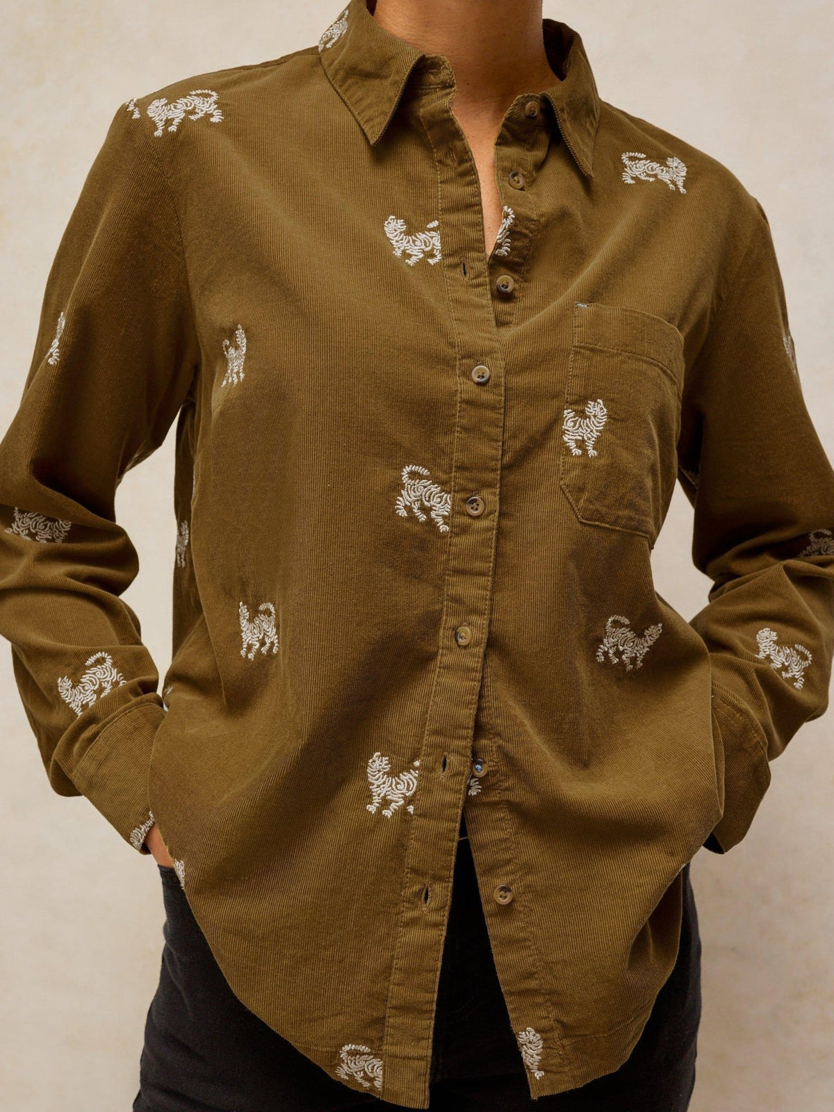 Young Ideas & Henmores -Libby Embroidered Cord Shirt -Khaki Green -8