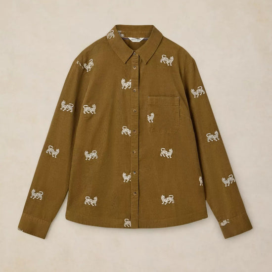 Young Ideas & Henmores -Libby Embroidered Cord Shirt -Khaki Green -8