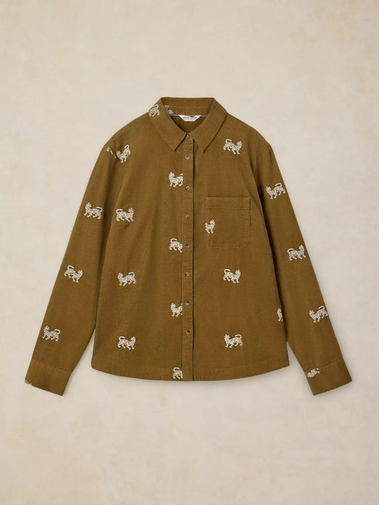 Young Ideas & Henmores -Libby Embroidered Cord Shirt -Khaki Green -8