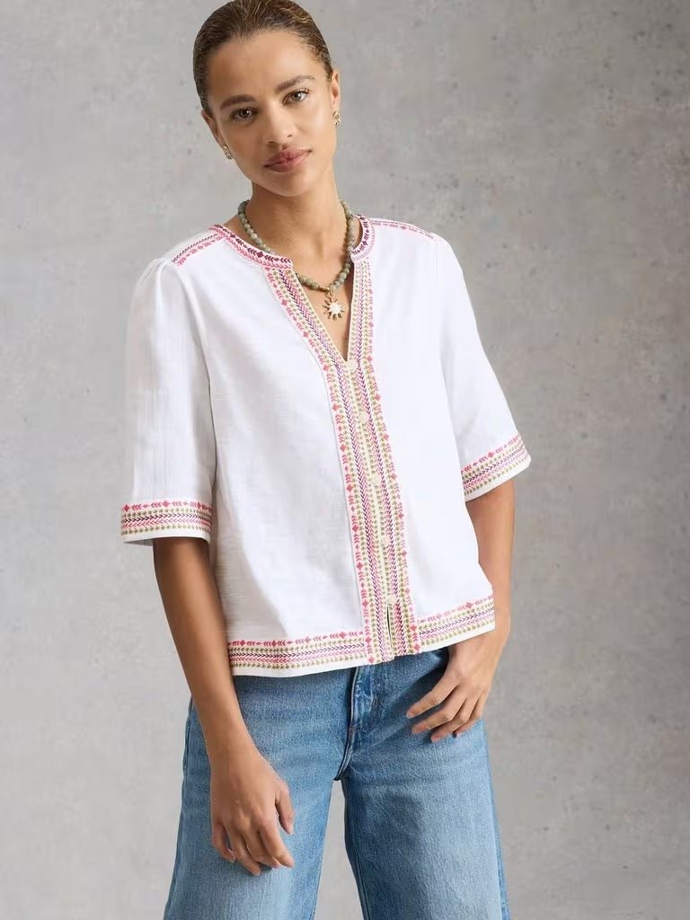 Young Ideas & Henmores - Lizzie Embroidered Top - Ivory Multi - 8