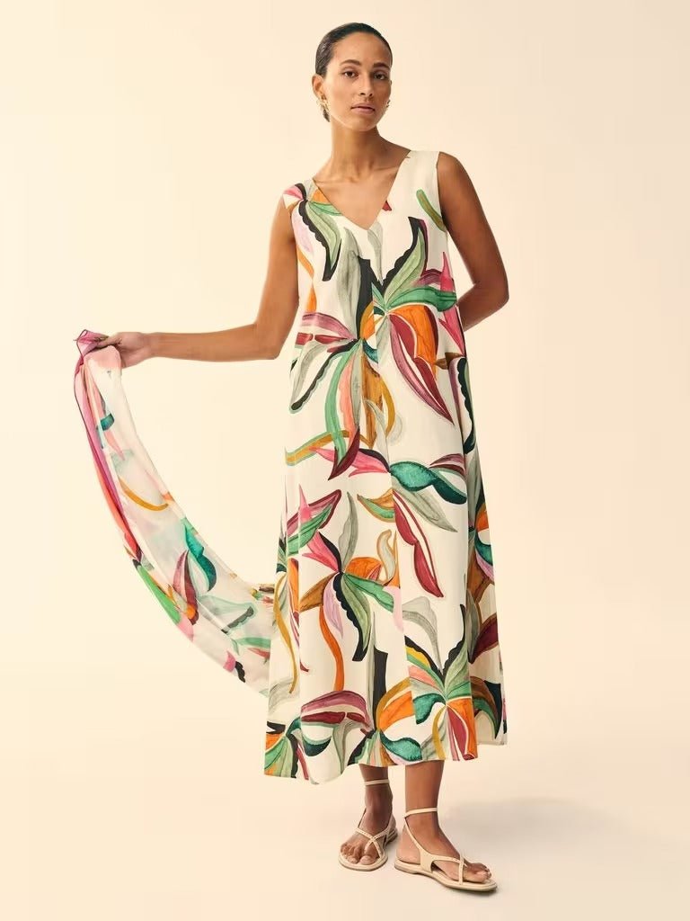 Young Ideas/Henmores - Poppy Linen Blend Maxi Dress - Natural Print - 8
