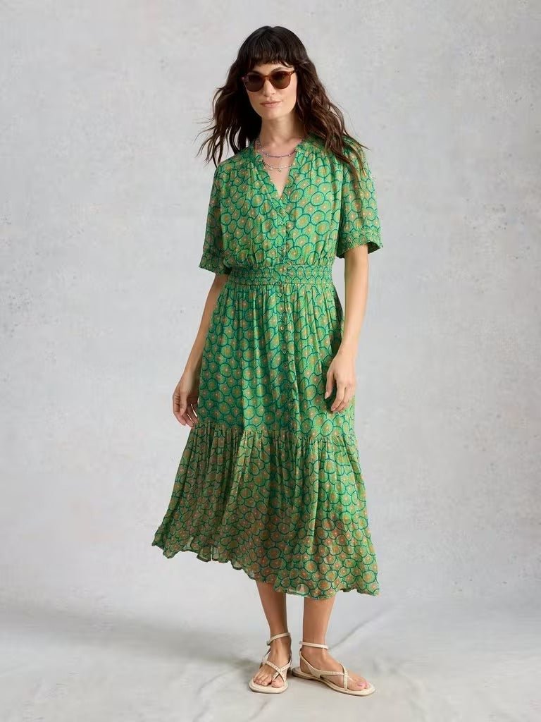 Young Ideas & Henmores - Yuki Midi Dress - Green Print - 8