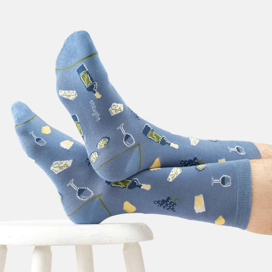 Young Ideas & Henmores -Cheese & Wine Bamboo Crew Socks -Mid Blue -7-11