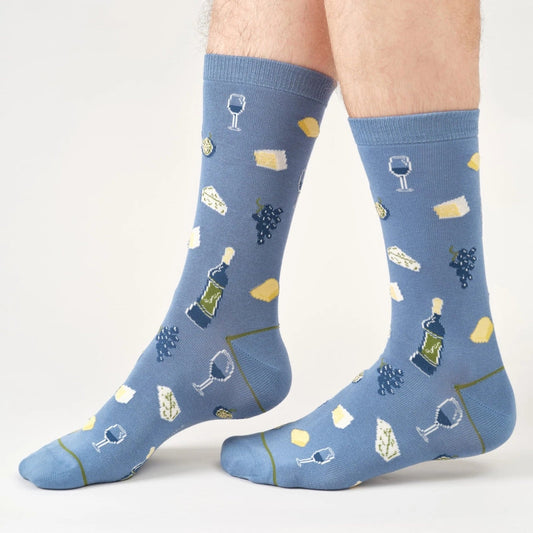 Young Ideas & Henmores -Cheese & Wine Bamboo Crew Socks -Mid Blue -7-11