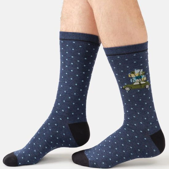 Young Ideas & Henmores -Driving Home For Christmas Organic Cotton Crew Socks -Indigo Blue Marl -7-11