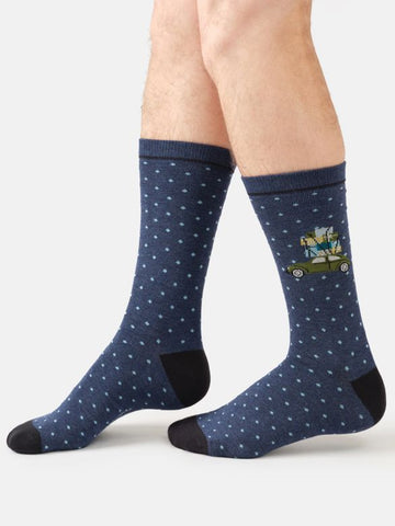 Young Ideas & Henmores -Driving Home For Christmas Organic Cotton Crew Socks -Indigo Blue Marl -7-11