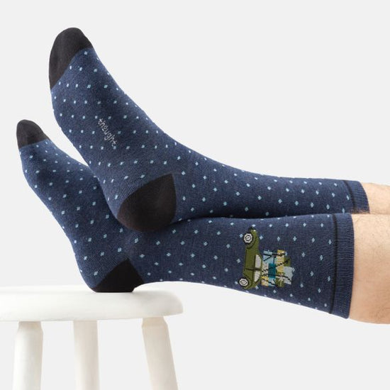 Young Ideas & Henmores -Driving Home For Christmas Organic Cotton Crew Socks -Indigo Blue Marl -7-11