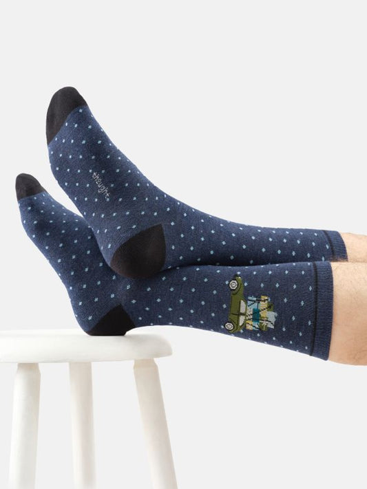 Young Ideas & Henmores -Driving Home For Christmas Organic Cotton Crew Socks -Indigo Blue Marl -7-11