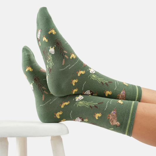 Young Ideas & Henmores -Ducks, Ripples & Reeds Organic Cotton Crew Socks -Fern Green -4-7