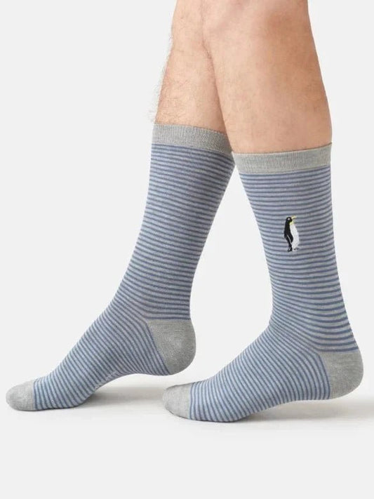 Young Ideas & Henmores -Embroidered Penguin Bamboo Crew Socks -Grey Marl -7-11