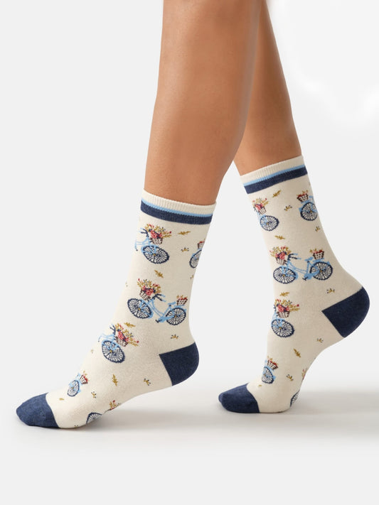 Young Ideas & Henmores -Farmers Market Bike Bamboo Crew Socks -Cotton White -4-7
