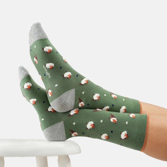 Young Ideas & Henmores -Fluffy Robin Organic Cotton Crew Socks -Fern Green -4-7