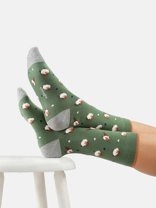 Young Ideas & Henmores -Fluffy Robin Organic Cotton Crew Socks -Fern Green -4-7
