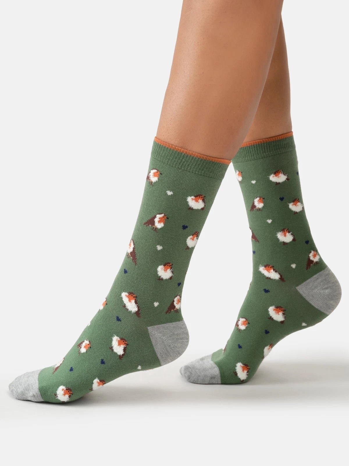 Young Ideas & Henmores -Fluffy Robin Organic Cotton Crew Socks -Fern Green -4-7