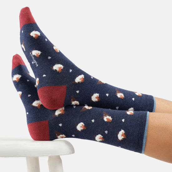 Young Ideas & Henmores -Fluffy Robin Organic Cotton Crew Socks -Indigo Blue Marl -4-7