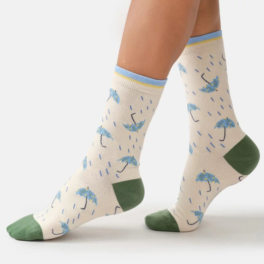 Young Ideas & Henmores -Rainy Days Organic Cotton Crew Socks -Cotton White -4-7